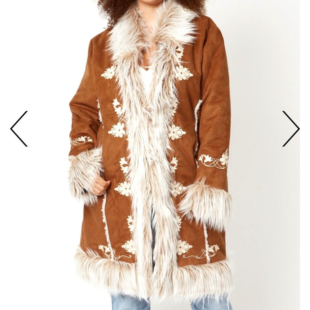 Brown Embroidered Suede Afghan Coat, Size Small